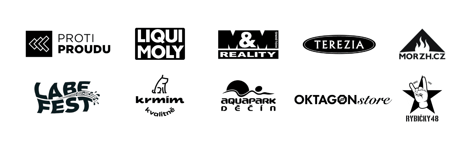 Loga klientů: Proti proudu, Liqui Moly, M&M Reality, Terezia, Morzh.cz, Labe Fest, Krmím, Aquapark Děčín, Oktagon Store, Rybičky 48